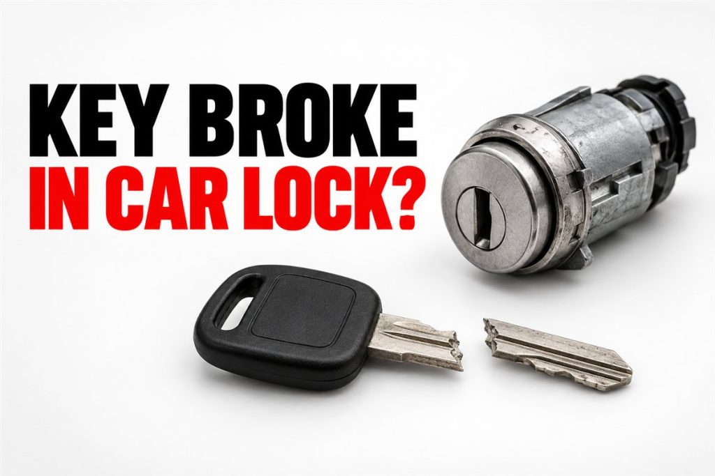 Car door lock cylinder beside the two pieces of a broken car key