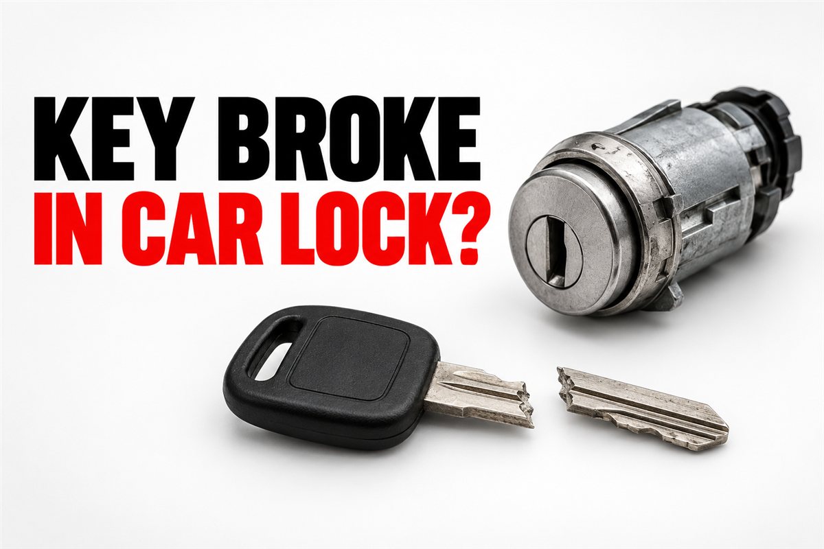 Car door lock cylinder beside the two pieces of a broken car key