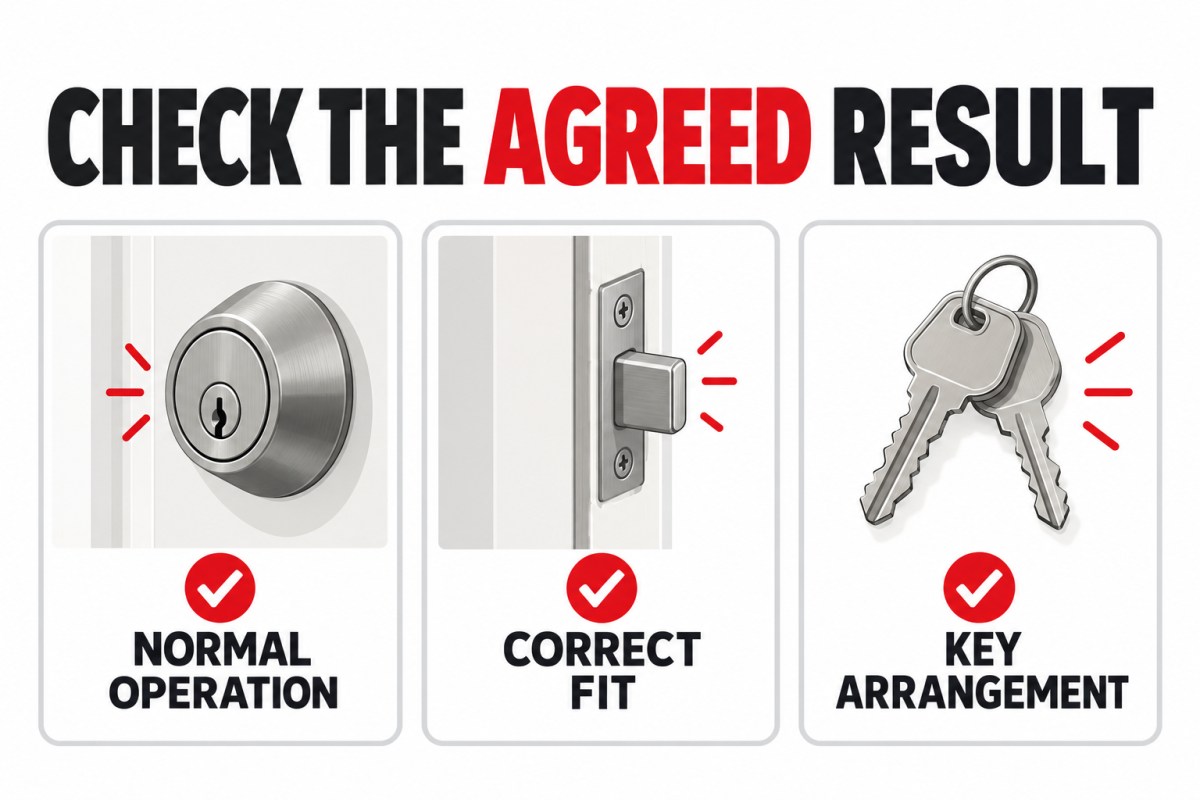 Deadbolt spins freely: agreed checks for operation, fit, and keys
