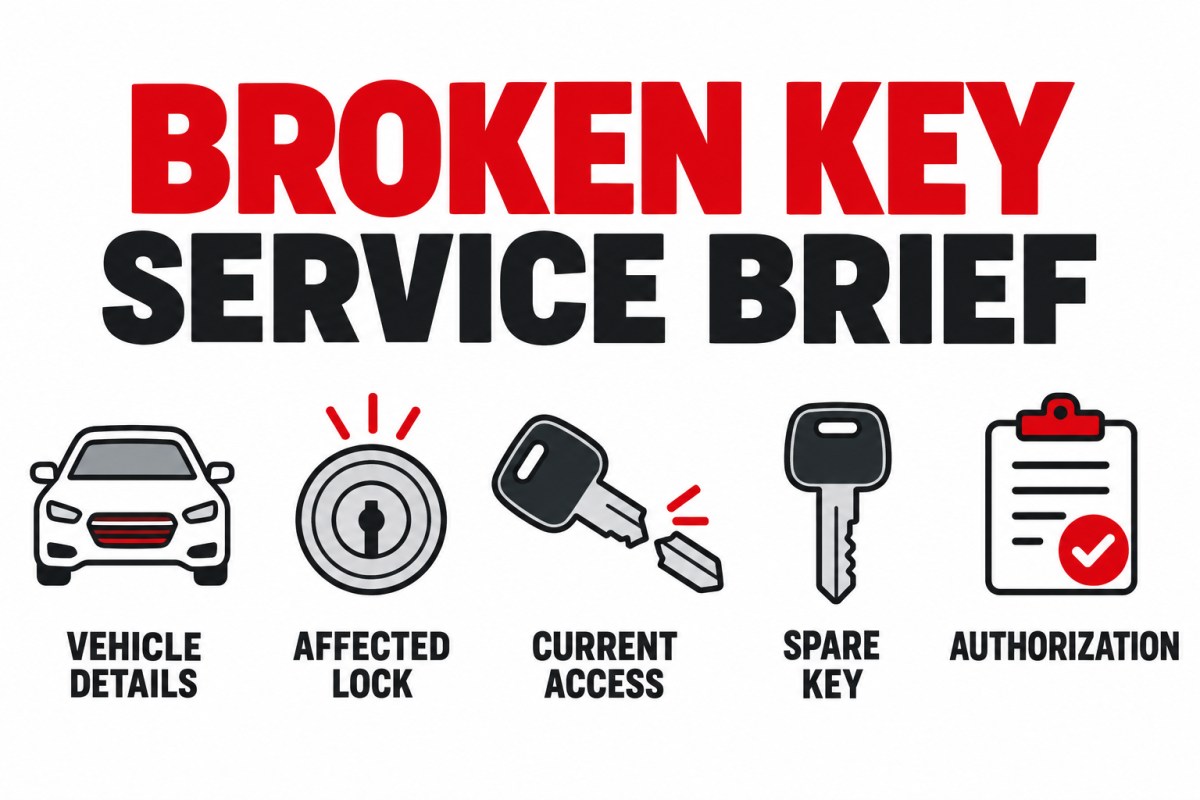 Car door lock service brief: vehicle, affected lock, access, spare key, and authorization
