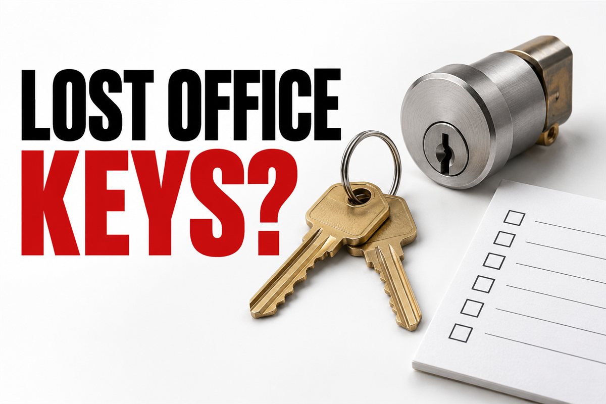 Office keys, commercial lock cylinder, and a blank access-review checklist